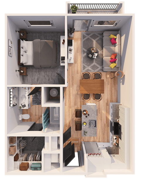 Floor plan for 1 bed, 1 bath, 688 sqft